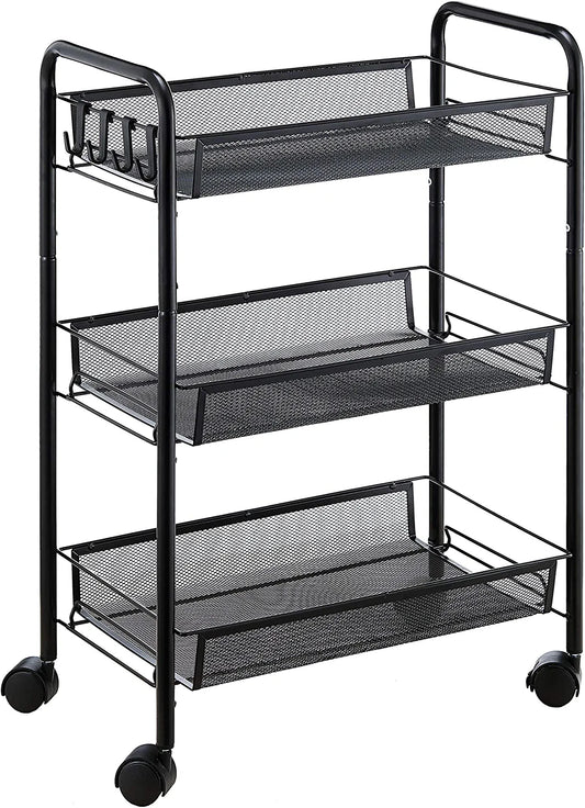 3-Tier Rolling Utility Storage Rack Cart on Wheels, Trolley Craft Cart, Multi-Purpose Organizer Shelf, Black