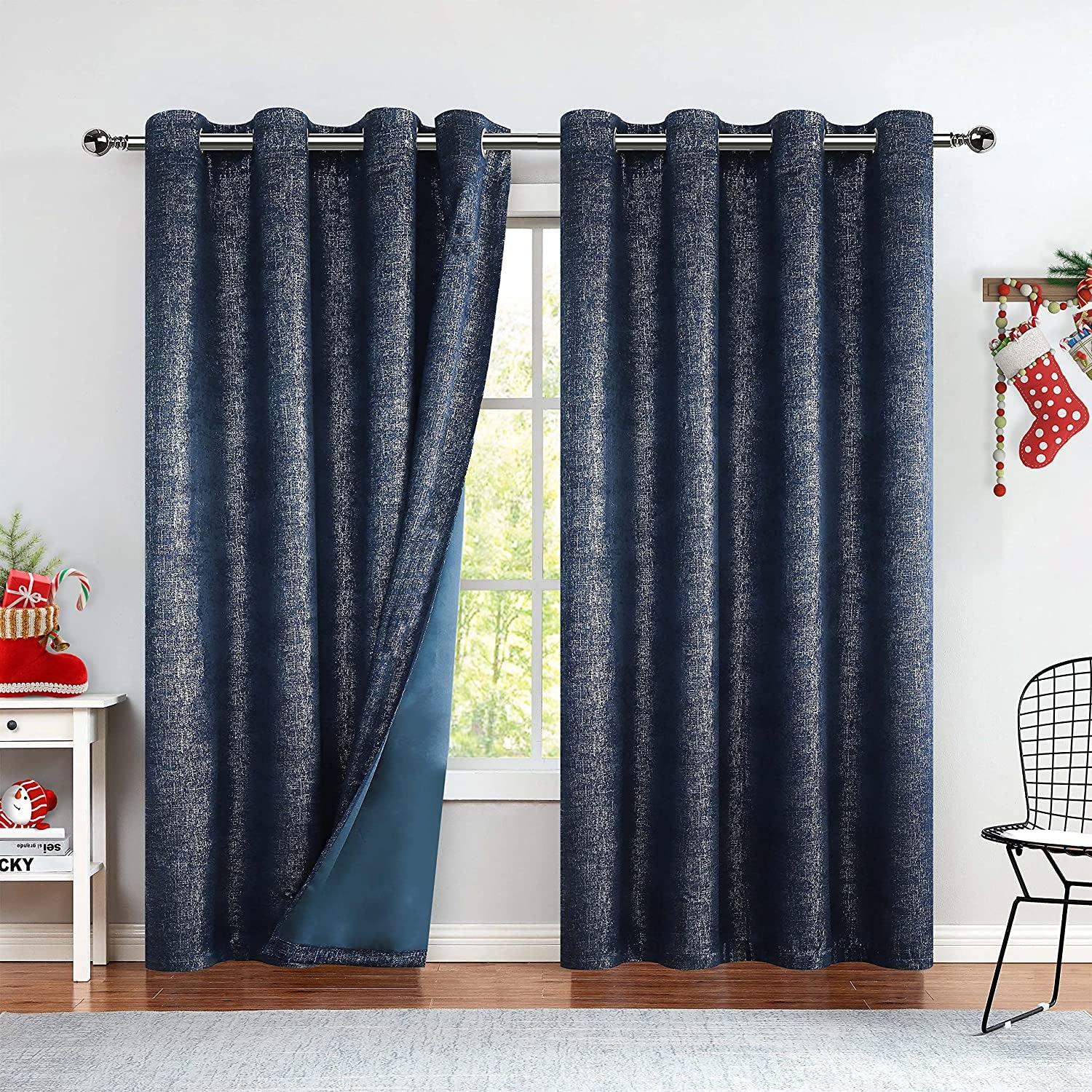 Navy Blue Blackout Curtains 84 Inch 2 Panels Set Silver Sparkle Patterned Window Curtains Luxury Room Darkening Curtains 85% Blackout Thermal Insulated for Living Room Grommet Top W52 Xl84