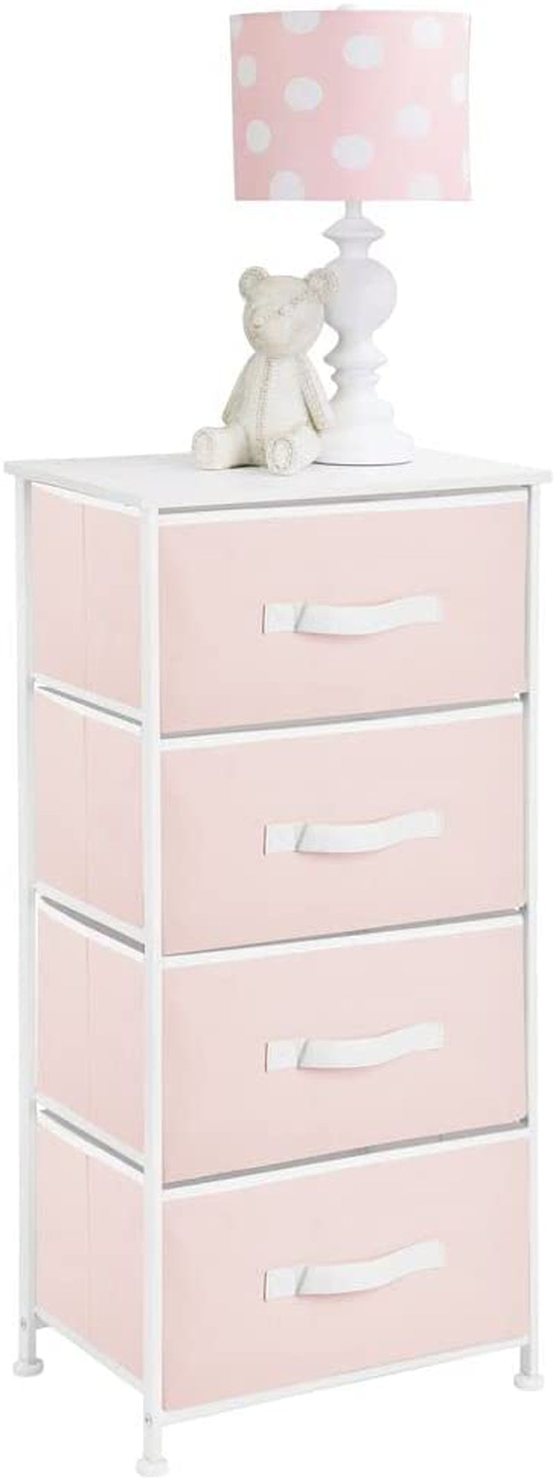Mdesign Storage Dresser Furniture Unit - Tall Baby and Kid Standing Organizer Tower for Bedroom, Nursery, Playroom, and Closet - 4 Drawer Removable Fabric Bins - Pink/White
