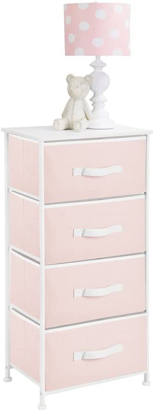 Mdesign Storage Dresser Furniture Unit - Tall Baby and Kid Standing Organizer Tower for Bedroom, Nursery, Playroom, and Closet - 4 Drawer Removable Fabric Bins - Pink/White