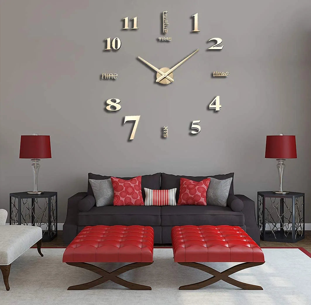 3D DIY Wall Clock Decor Sticker Mirror Frameless Large DIY Wall Clock Kit for Home Living Room Bedroom Office Decoration (Gold)