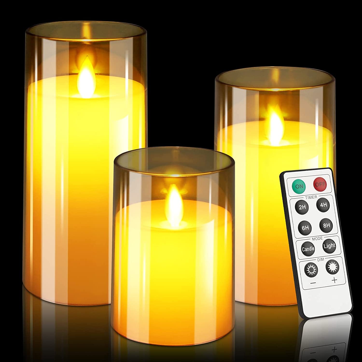 Flameless Candles Flickering with Remote, Battery Operated Candles Pack of 3 with Timer, Plexiglass LED Candles for Home Table Decor(D: 3" X H: 4" 5" 6") (Dark Brown)