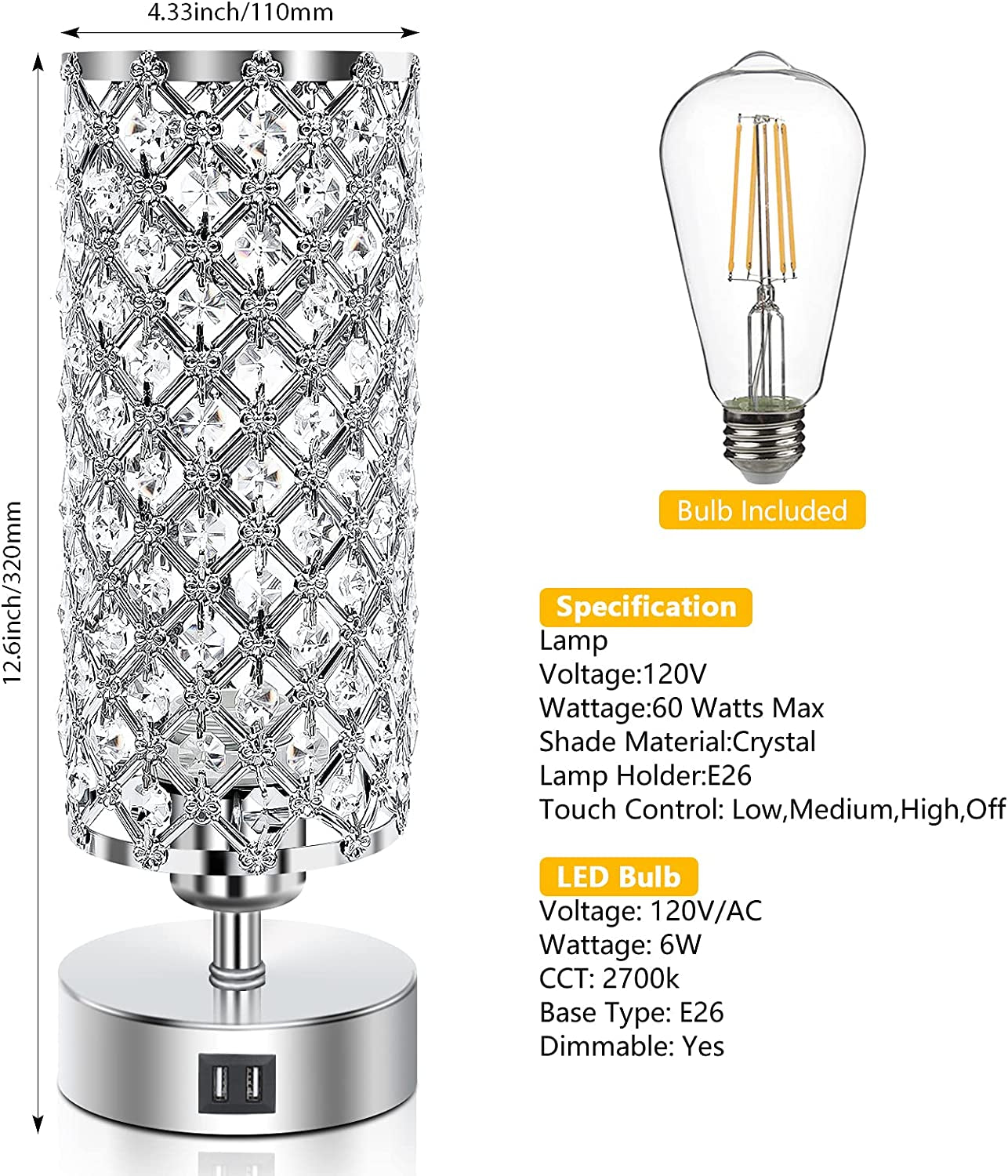 Touch Control Crystal Table Lamps Set of 2, Nightstand Sliver Lamps with 2 USB Charging Ports, Modern Dimmable Desk Lamps for Bedrooms (LED Bulb Included)