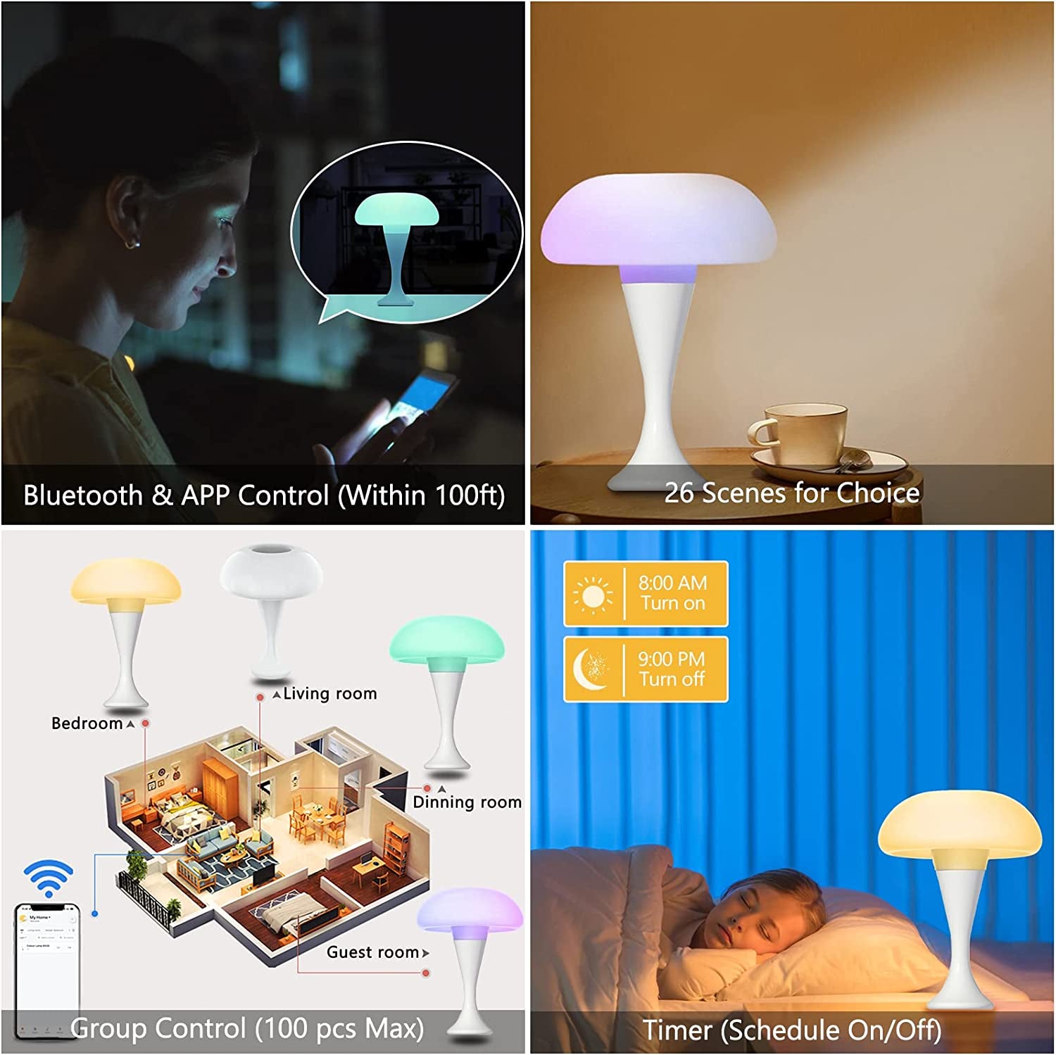 RGB Color Changing Mushroom Lamp, Smart Ambient Light Table Lamp with APP Control, Night Light for Kids Room, Nursery, Bedside Nightstand Lamps for Bedroom Living Room Desk Best Gift (White)