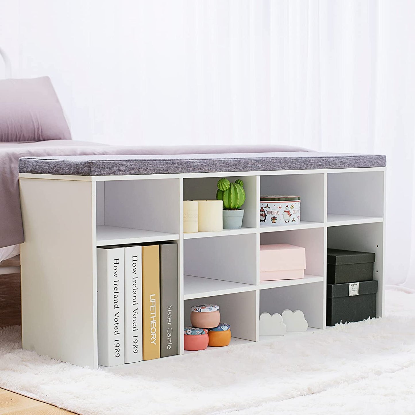 Shoe Storage Bench with Cushion, Cubby Shoe Rack with 12 Cubbies, Adjustable Shelves, Multifunctional Shoe Organizer Bench for Entryway, Mudroom, Hallway, Closet and Garage, White