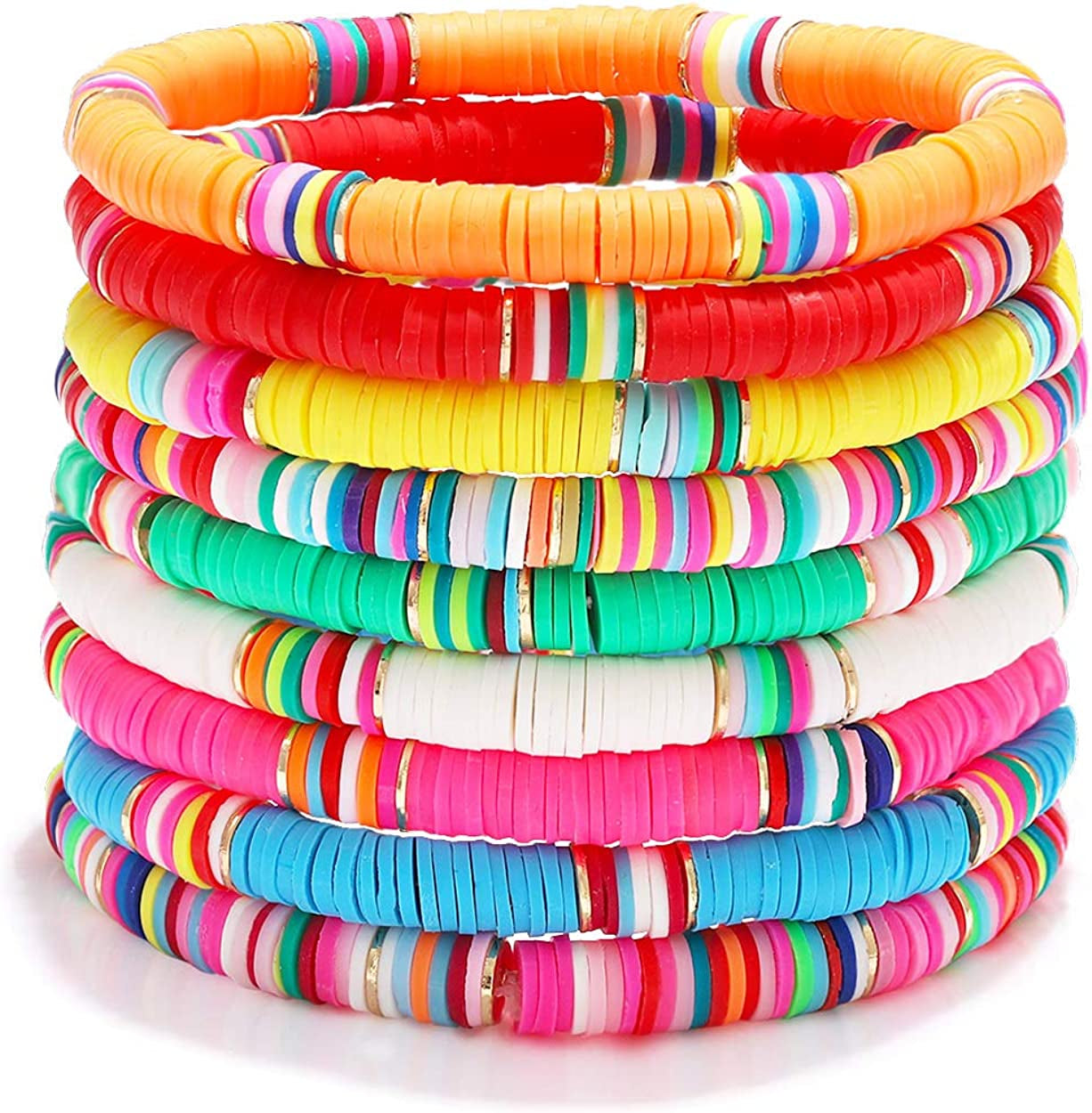 Surfer Heishi Bracelets for Women Stackable Rainbow Vinyl Disc Clay Beaded Stretch Bracelets Elastic Layering Friendship Bracelets Boho Summer Beach Jewelry