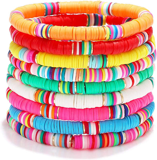 Surfer Heishi Bracelets for Women Stackable Rainbow Vinyl Disc Clay Beaded Stretch Bracelets Elastic Layering Friendship Bracelets Boho Summer Beach Jewelry