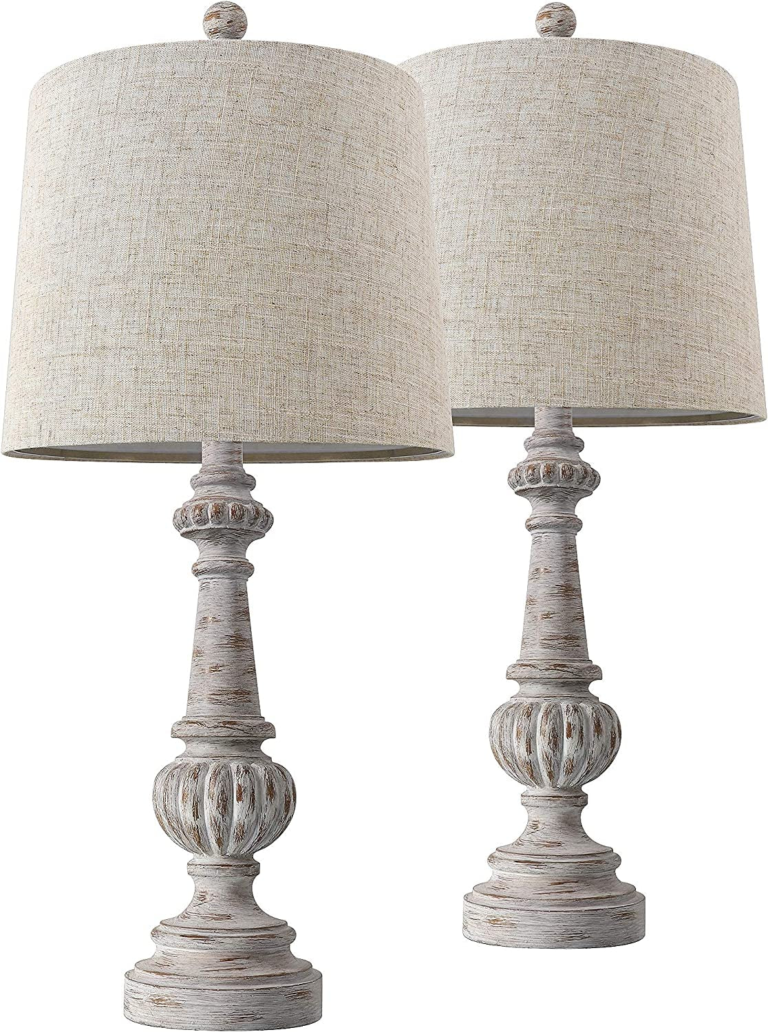 PORTRES 24.5'' Traditional Table Lamp Set of 2 for Living Room Linen Fabric Lampshade Bedside Nightstand Lamps for Bedroom Kids Room Study Room Office Rustic Table Lamps Resin