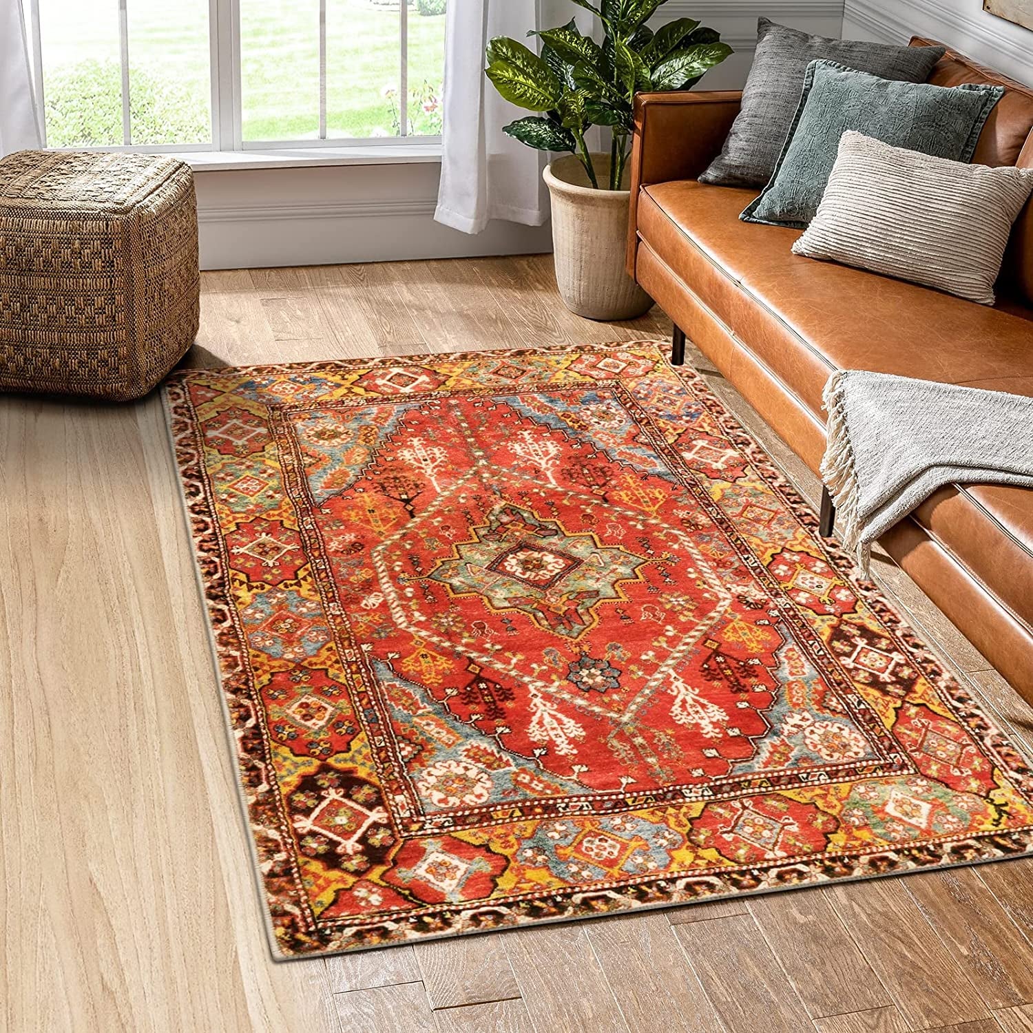 Oriental Floral Area Rug 3X5 Persian Distressed Living Room Throw Rug Boho Trible Indoor Washable Accent Rug Faux Wool Non-Slip Collection Floor Carpets for Sofa Dining Room Bedroom-Orange
