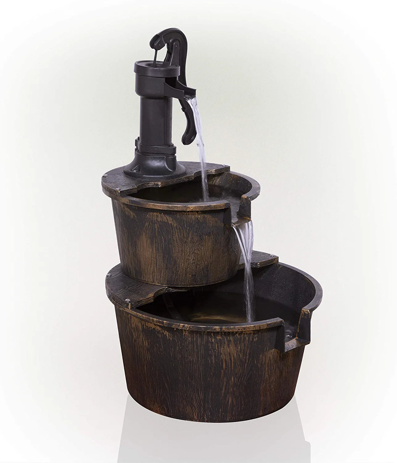 27" Tall 2-Tier Barrel and Pump Waterfall Fountain, Bronze Finish