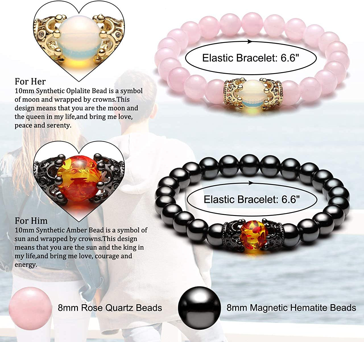 King&Queen Crown Distance Couple Bracelets for Men Women 8Mm Natural Stone Healing Energy Beads Stretch Bracelet