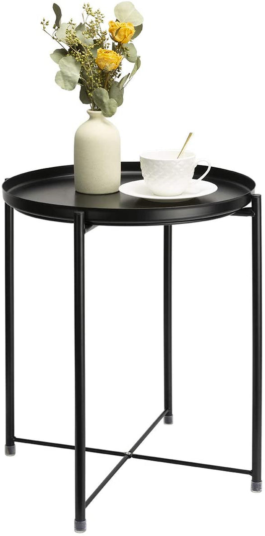 Side Table round Metal, Outdoor Side Table Small Sofa End Table Indoor Accent Table round Metal Coffee Table Waterproof Removable Tray Table for Living Room Bedroom Balcony Office Black