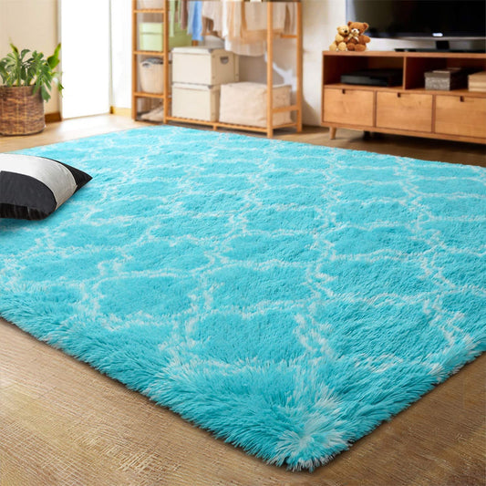 Luxury Shag Area Rug Modern Indoor Plush Fluffy Rugs, Extra Soft and Comfy Carpet, Geometric Moroccan Rugs for Bedroom Living Room Girls Kids Nursery, 5X8 Feet Blue/White