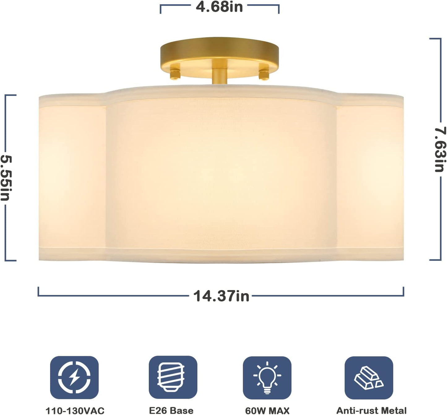 4-Light Semi Flush Mount Ceiling Light Fixture, Gold Modern Close to Ceiling Lamp with White Fabric Shade, Farmhouse Bright Lighting Brass Finish for Nursery Kids Room Bedroom Kitchen Hallway Entryway
