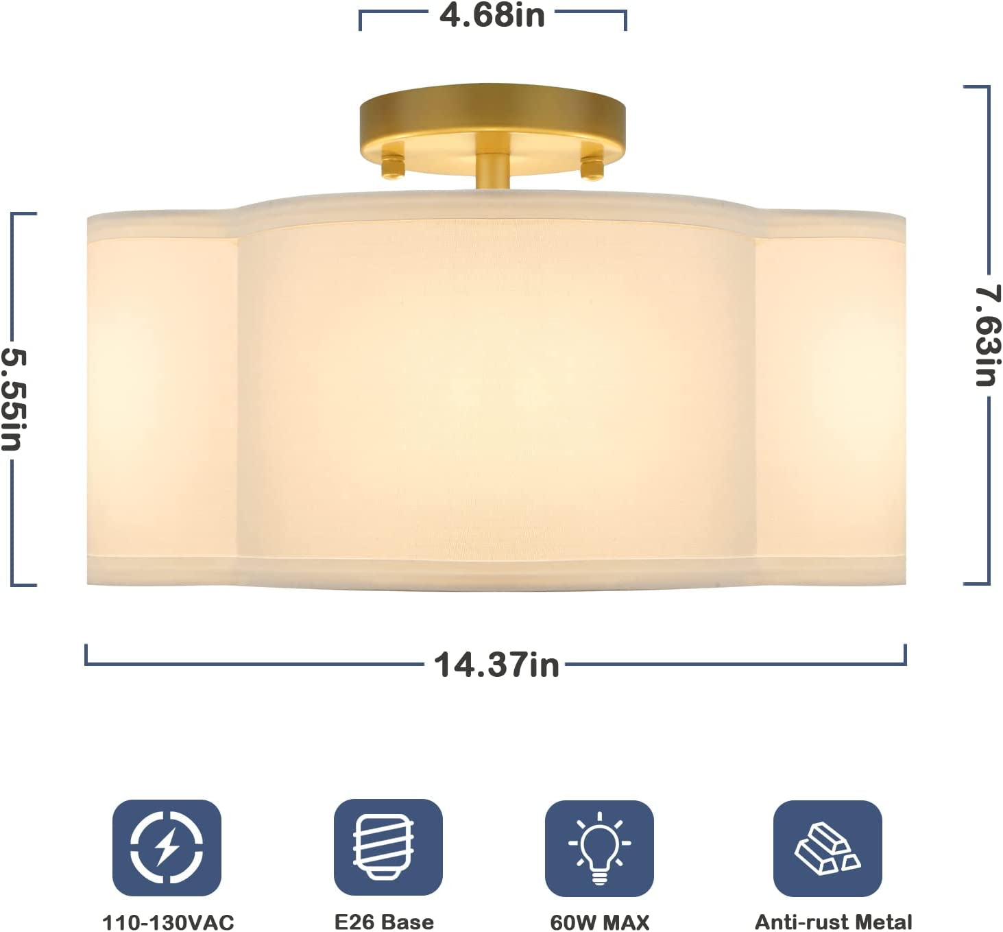 4-Light Semi Flush Mount Ceiling Light Fixture, Gold Modern Close to Ceiling Lamp with White Fabric Shade, Farmhouse Bright Lighting Brass Finish for Nursery Kids Room Bedroom Kitchen Hallway Entryway