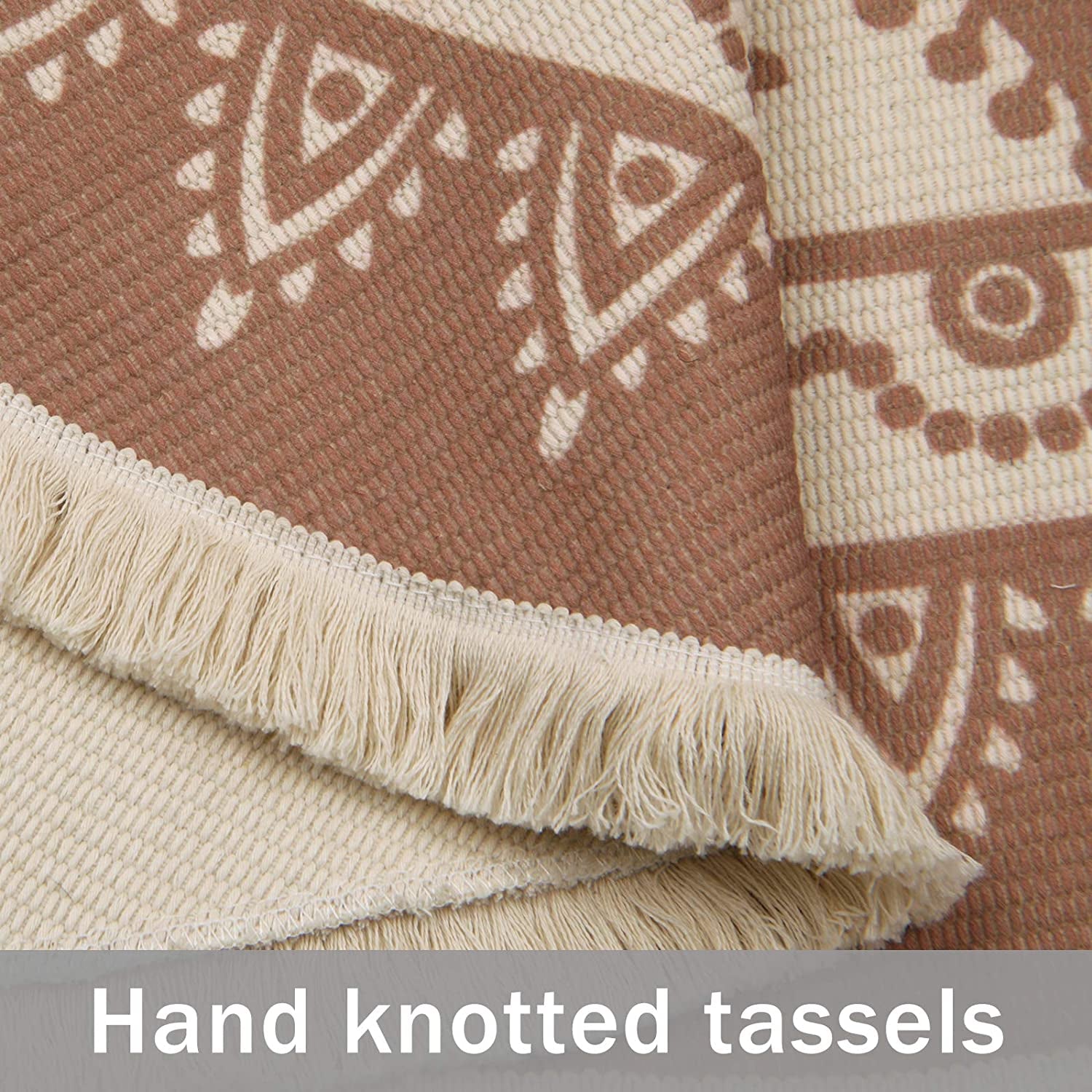 Cotton round Area Rug Hand Woven Cotton Area Rug with Tassels Fringe Washable Chic Bohemian Mandala Indoor Throw Rugs for Living Room Bedroom (4 Ft Diameter, Mandala-Beige)