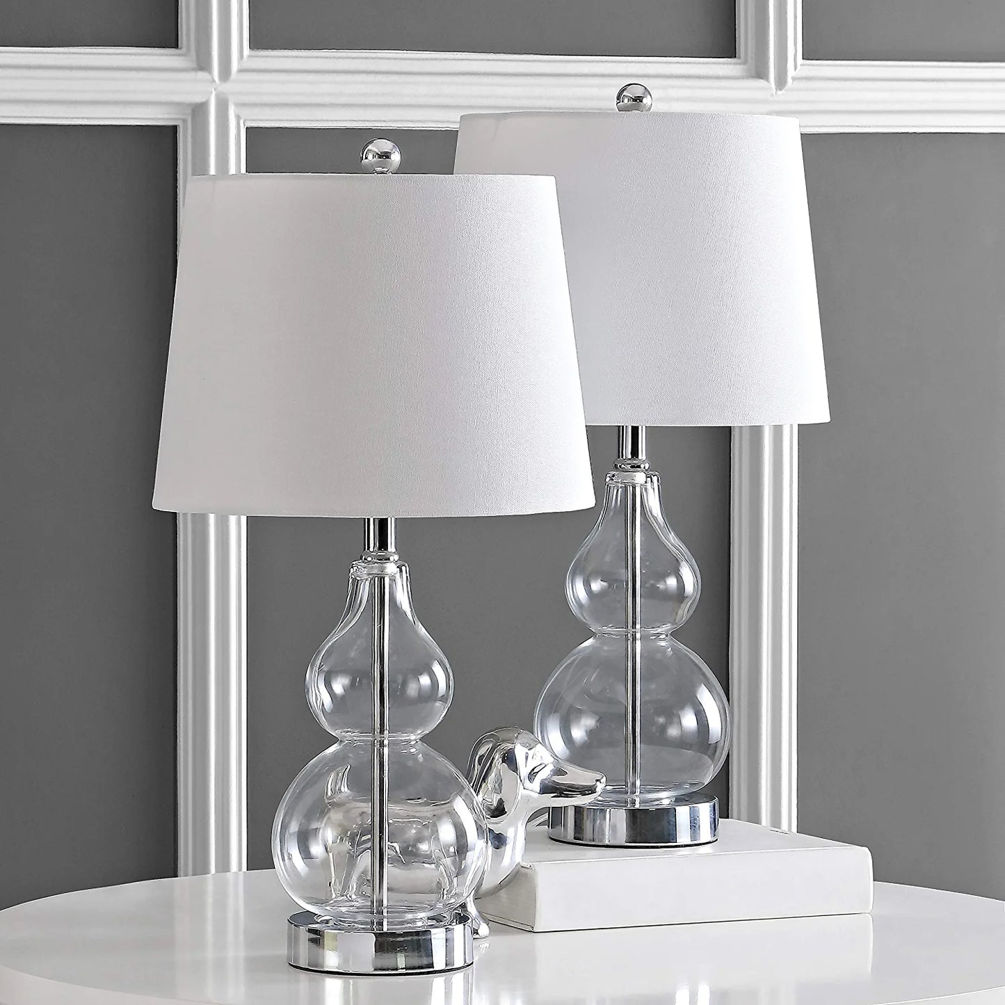 Lighting Collection Brisor Clear/ Chrome Double Gourd 22-Inch Bedroom Living Room Home Office Desk Nightstand Table Lamp Set of 2 (LED Bulbs Included)