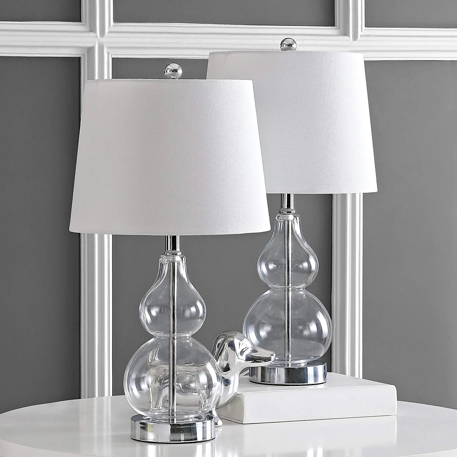 Lighting Collection Brisor Clear/ Chrome Double Gourd 22-Inch Bedroom Living Room Home Office Desk Nightstand Table Lamp Set of 2 (LED Bulbs Included)