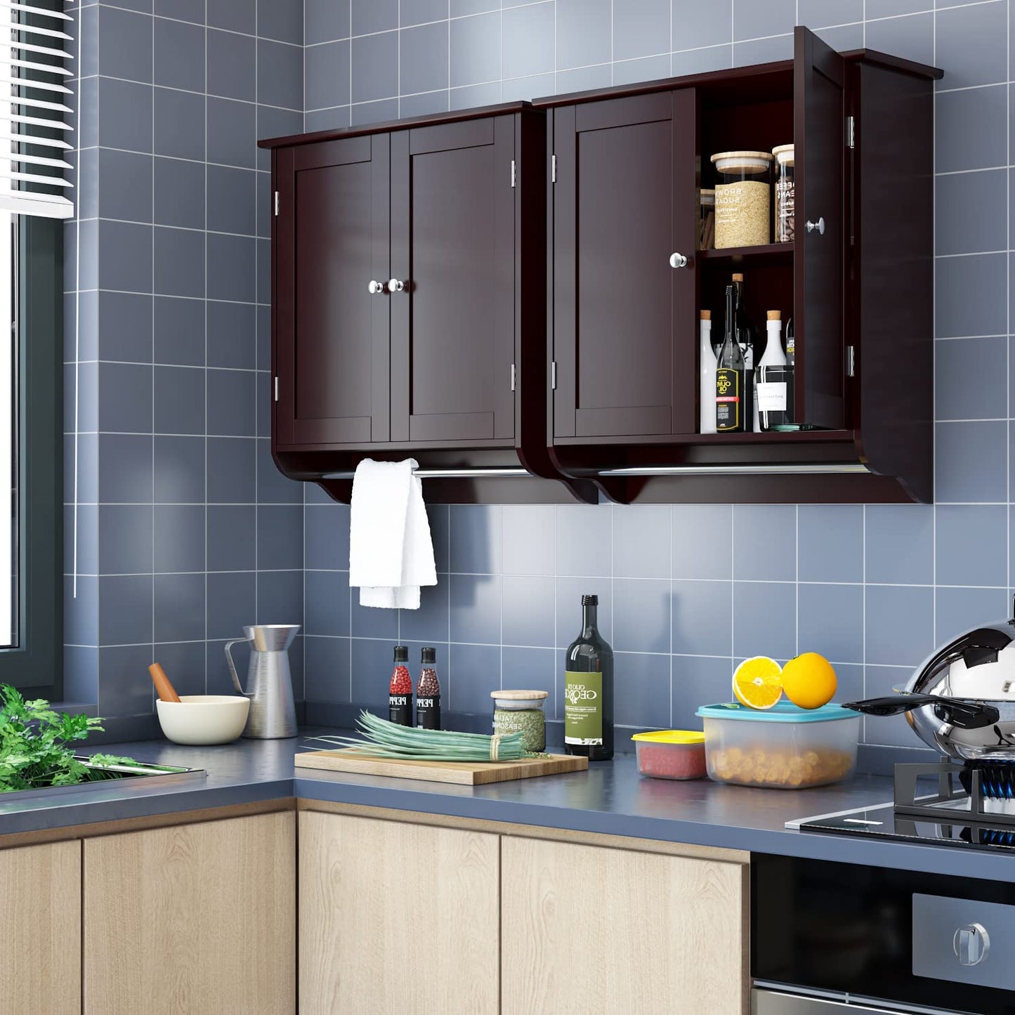 Bathroom Wall Cabinet, over the Toilet Space Saver Storage Cabinet, Medicine Cabinet with 2 Doors Cupboard with Adjustable Shelf and Towels Bar, Dark Brown