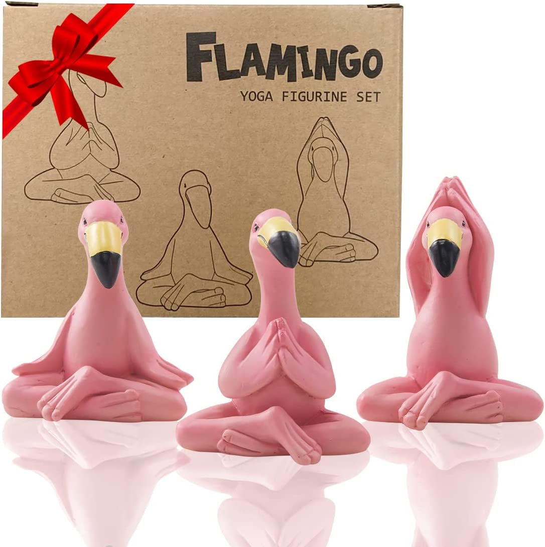Goodeco Mini Yoga Flamingo Figurine - Whimsical Kawaii Pink Flamingo Desk Decor, 2.4" Tall Set of 3 Fairy Garden Lawn Statues, Flamingo Gifts for Women/Mom/Grandma/Girls,Tiny Gifts for Christmas