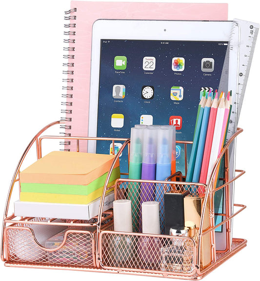 Desk Organizer for Women,Cute Mesh Office Supplies Accessories Essentials Caddy with 5 Compartments+1 Mini Sliding Drawer for Home & Office Desktop Organization & Decor, Rose Gold