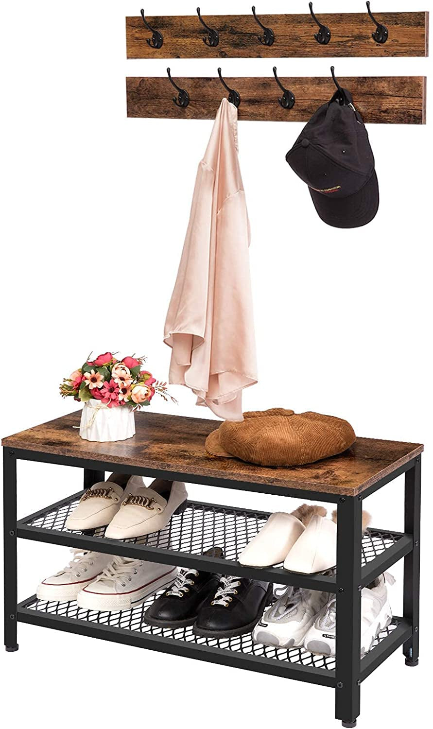 Coat Rack Shoe Bench, Hall Tree Entryway Storage Bench, Shoe Rack Organizer with Coat Hooks, 3-In-1 Design, Wood Furniture with Metal Frame, Rustic Brown and Black BF17MT01