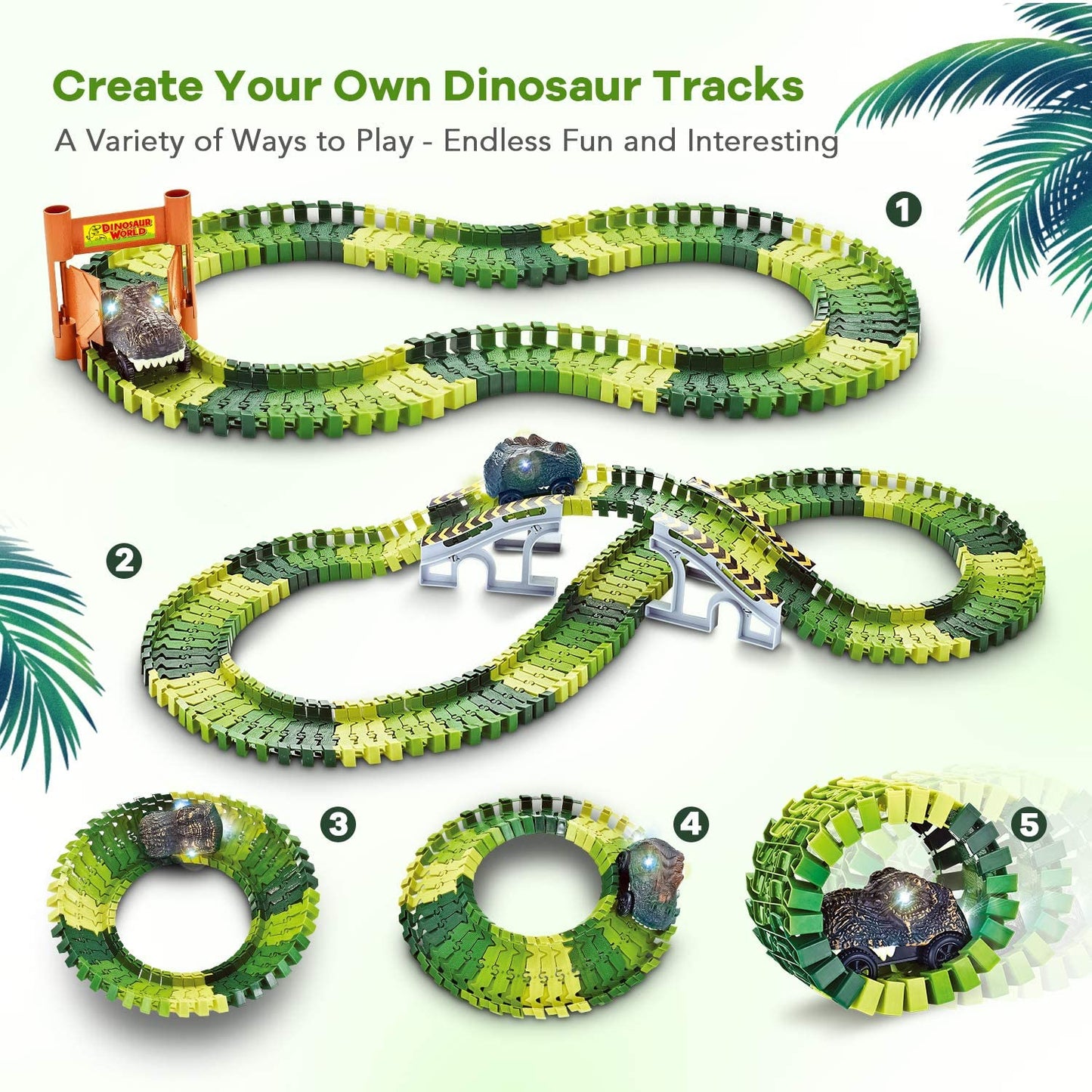 Dinosaur Toys,Create a Dinosaur World Road Race,Flexible Track Playset and 2 Pcs Cool Dinosaur Car for 3 4 5 6 Year & up Old Boy Girls Best Gift