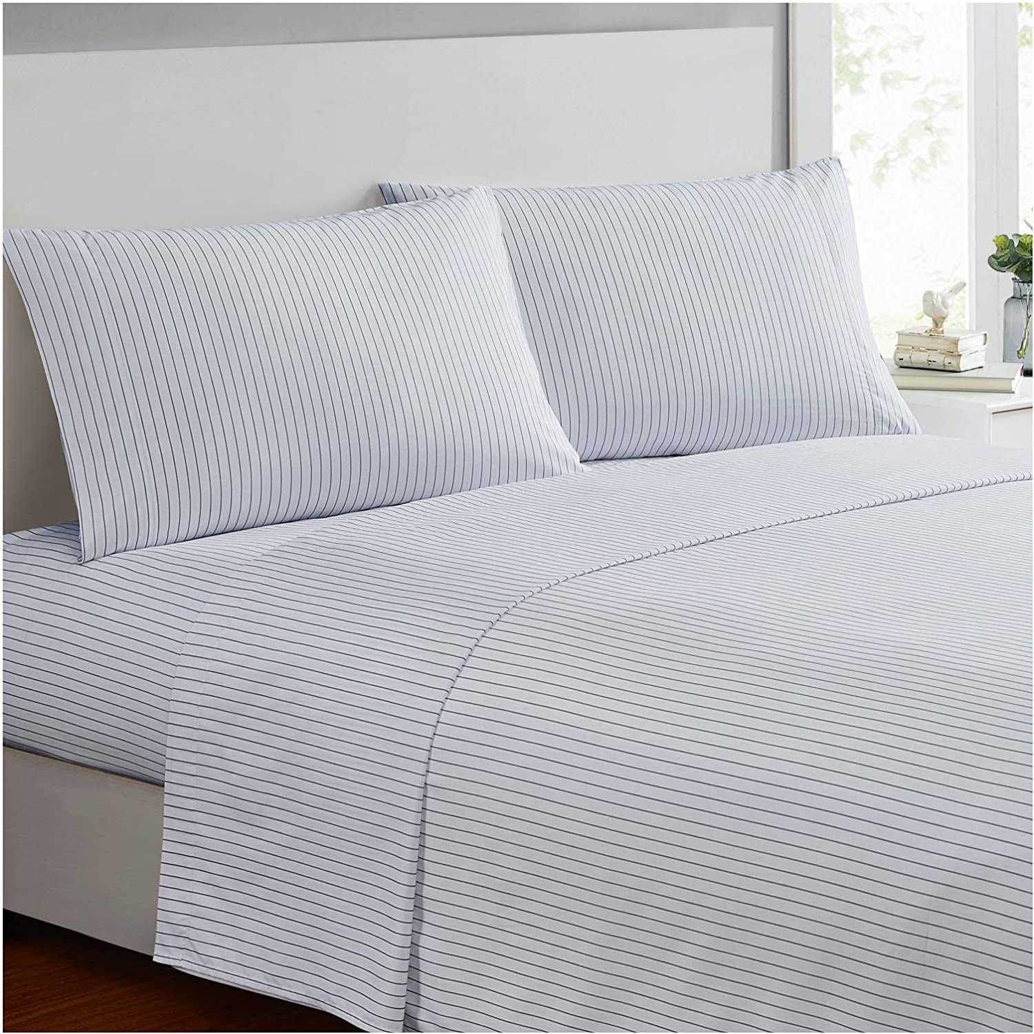 King Size Sheet Set - Hotel Luxury 1800 Bedding Sheets & Pillowcases - Extra Soft Cooling Bed Sheets - Deep Pocket up to 16" - Wrinkle, Fade, Stain Resistant - 4 Piece (King, Pin Stripe Gray)