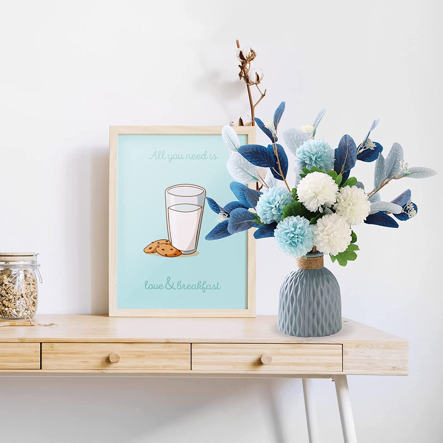 Artificial Flowers with Ceramic Vase, Blue Hydrangea Silk Flowers for Decoration, Wedding Party Home Decor