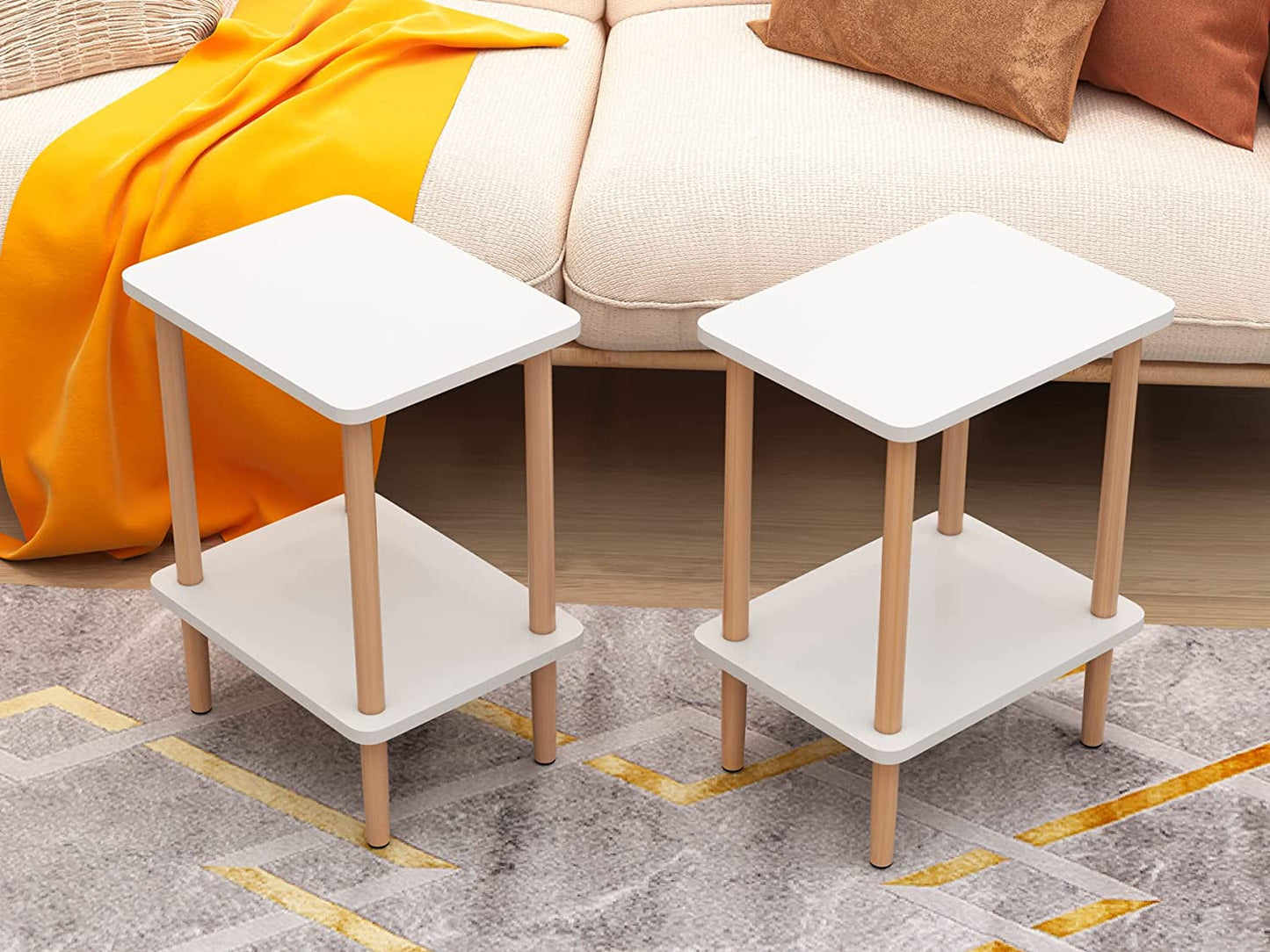 Side Tables Set of 2, Tall End Tables with Storage Rack, Wooden Nightstands Bedside Tables for Living Room Bedroom Office No-Tool Assembly (White).
