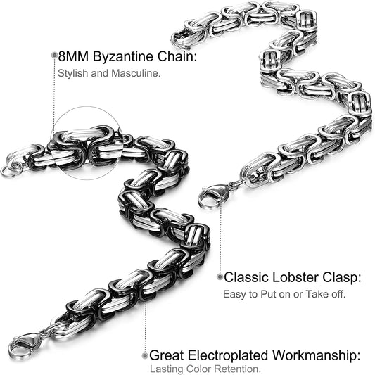 2-3 Pcs 8MM Stainless Steel Chain Link Bracelets for Men Byzantine Bracelets,8.0-9.1 Inches