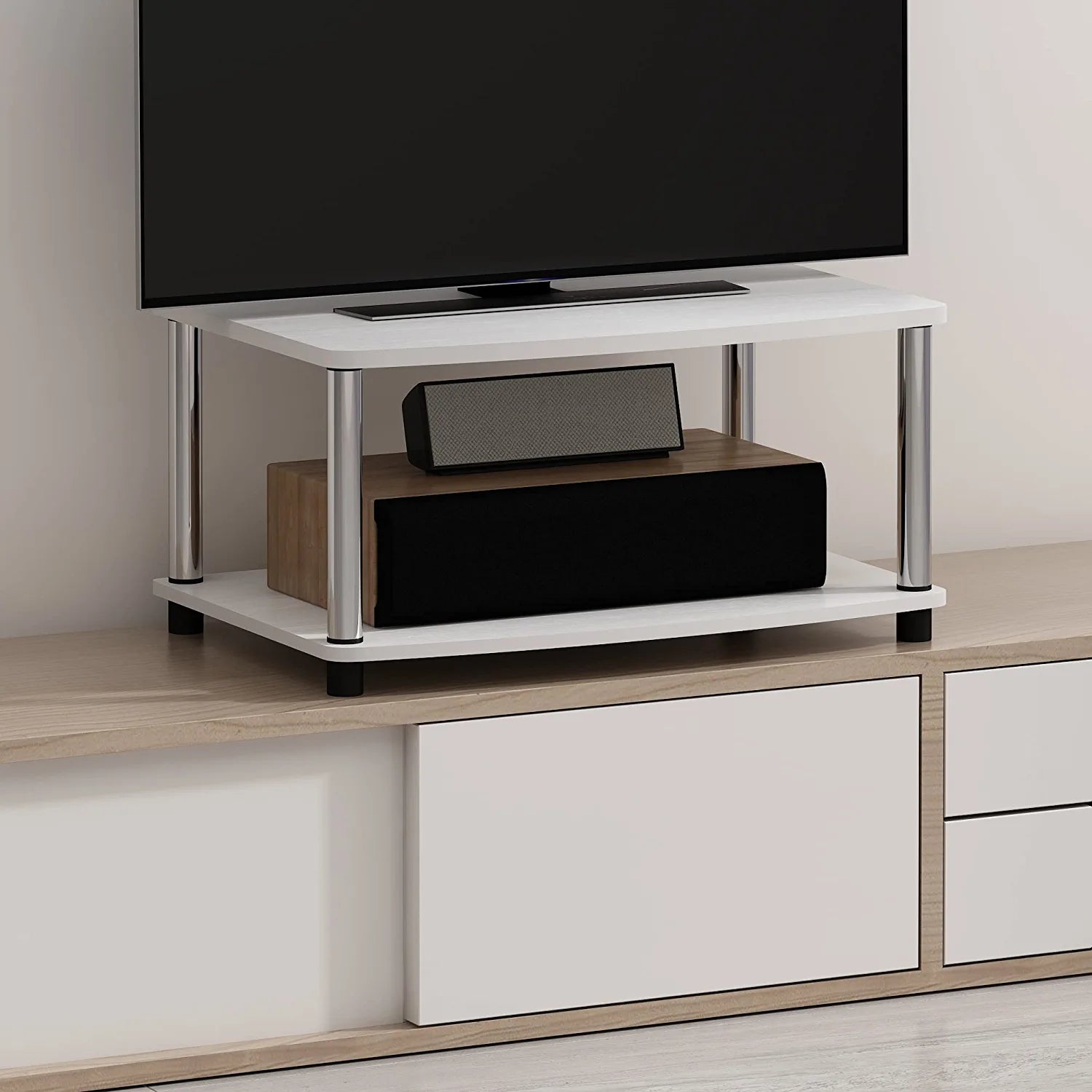 Turn-N-Tube No Tools 2-Tier Elevated TV Stand, Stainless Steel Tubes, White Oak/Chrome