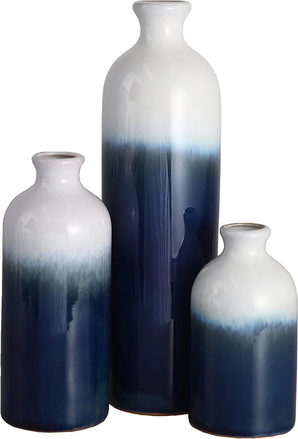 Modern Ceramic Vase for Home Decor, Set of 3 Glazed Blue and White Decorative Vases for Pampas Grass, Stoneware Vases for Mantel,Table, Shelf, Living Room Decoration, 11.8 Inch
