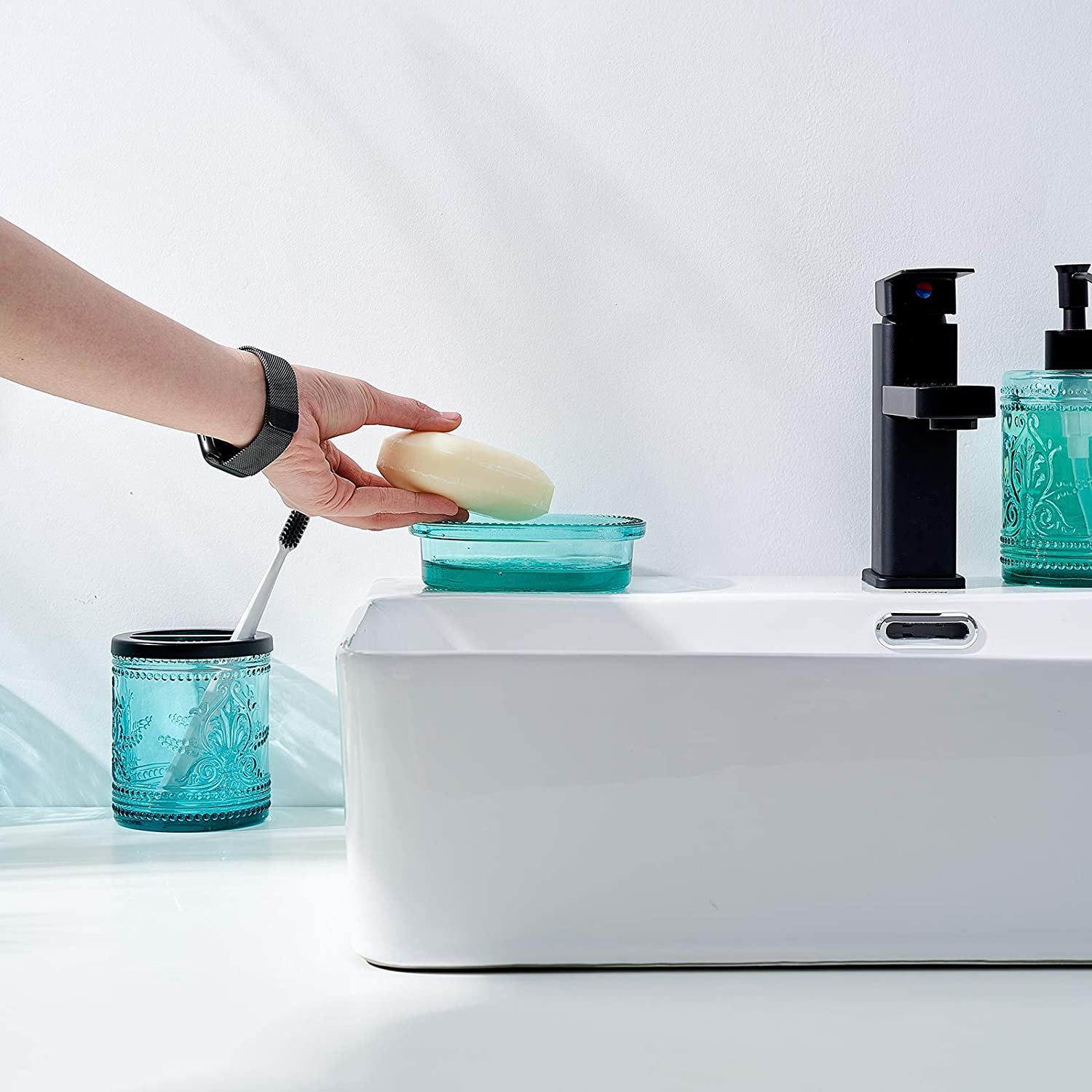4Pcs Heavy Weight Decent Blue Glass Bathroom Accessories Set with Decorative Pressed Pattern - Includes Hand Soap Dispenser & Tumbler & Soap Dish & Toothbrush Holder (Teal Blue)