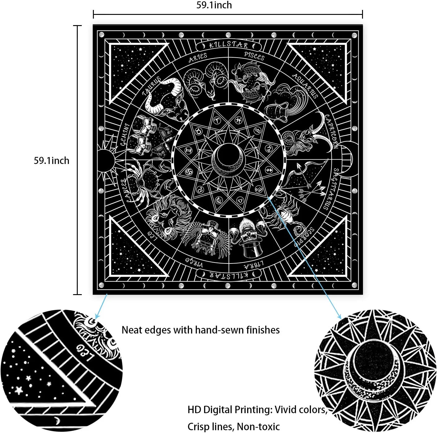 12 Constellation Tapestry Moon Star Sun Celestial Tapestry Black and White Tarot Tapestries Hippie Boho Tapestry for Room(59.1 X 59.1 Inches)