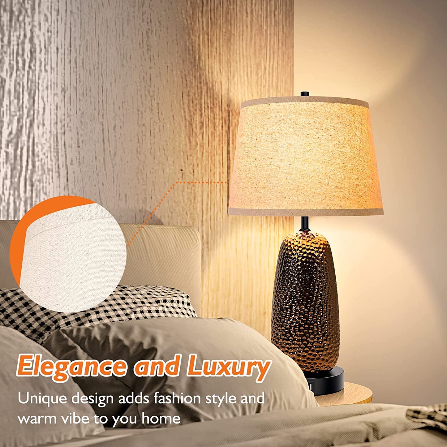 Touch Control Table Lamps Set of 2-3-Way Dimmable Ceramic Nightstand Lamps with 2 USB Ports, Modern Bedside Desk Light with Beige Drum Shade for Bedroom Living Room Reading, A19 LED Bulbs Included