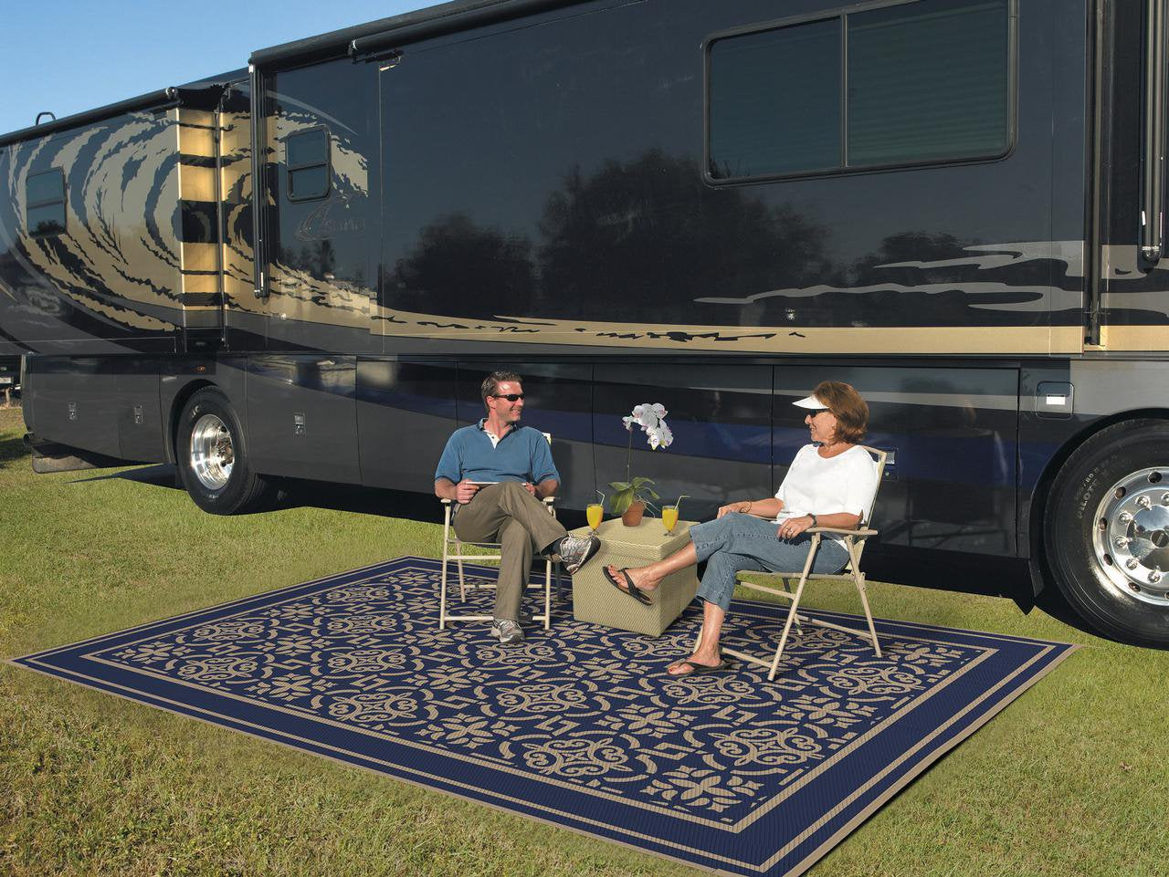Patio Mats 9X12 Reversible RV Outdoor Patio Mat, Camping Mat, Interlocked Squares, Blue