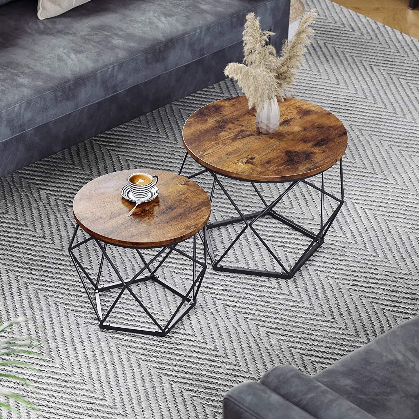 Small Coffee Table Set of 2, round Coffee Table with Steel Frame, Side End Table for Living Room, Bedroom, Office, Rustic Brown and Black ULET040B01
