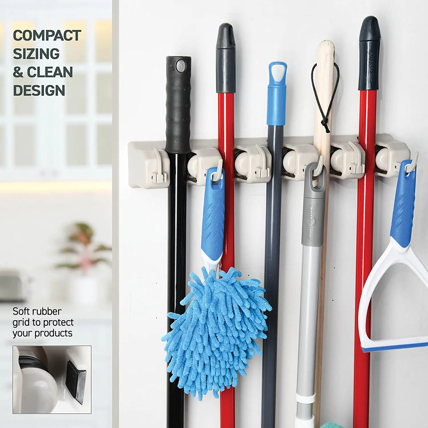 It Mop and Broom Holder, 5 Position with 6 Hooks Garage Storage Holds up to 11 Tools, Storage Solutions for Broom Holders, Garage Storage Systems Broom Organizer for Garage Shelving Ideas