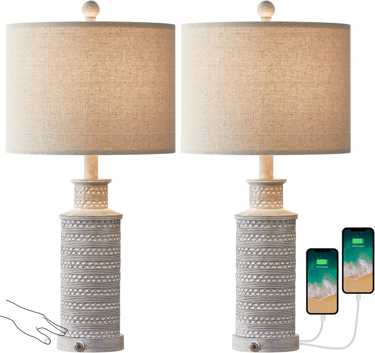 3-Way Dimmable Touch Control Table Lamp Set of 2 with Dual USB Charging Ports for Bedroom Living Room Vintage Rustic Farmhouse Traditional Nightstand Bedside Lamps(Bulbs Included)