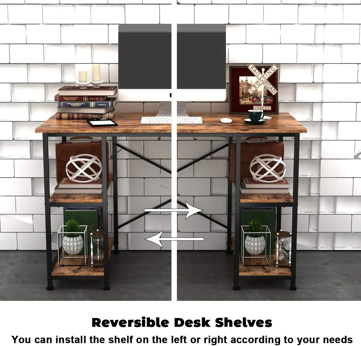 Writing Computer Desk 47", Home Office Study Desk with 2 Storage Shelves on Left or Right Side, Industrial Simple Style Wood Table Metal Frame for PC Laptop Notebook