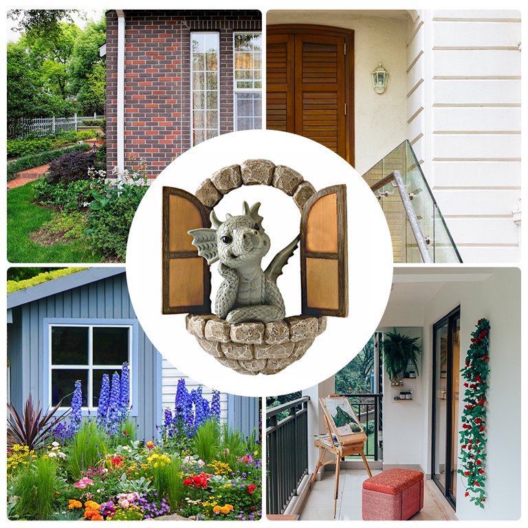 RELAX Courtyard Dinosaur Sculpture Wall Decoration, Weatherproof Resin Statue Miniatures, Lovely Dragon Garden Ornaments for Patio Yard (Dinosaur)