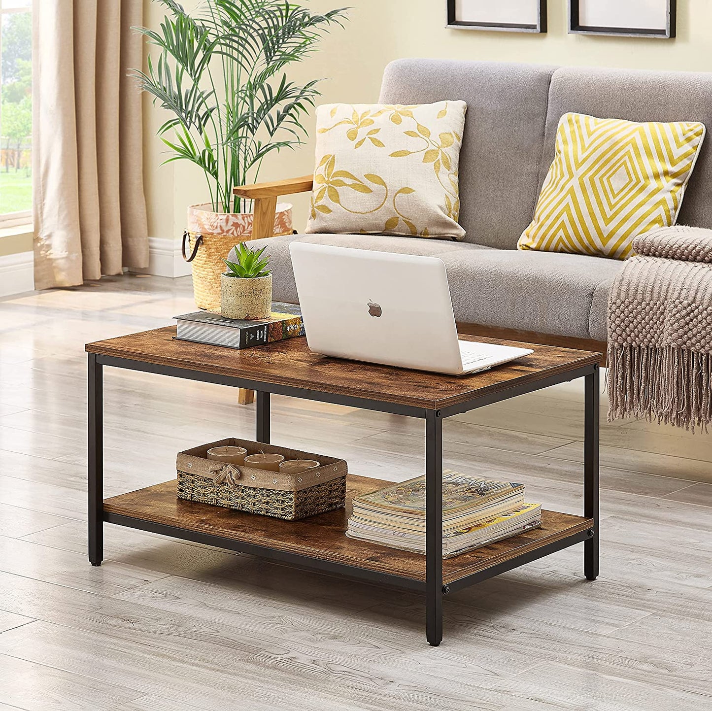 Coffee Table with Metal Frame,2-Tier Tea Table with Storage Shelf,Cocktail Table TV Stand Side End Table, Accent Furniture for Home Office Living Room