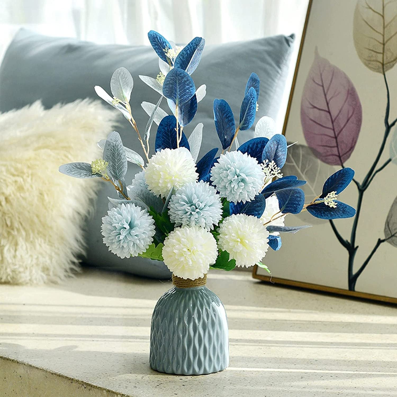 Artificial Flowers with Ceramic Vase, Blue Hydrangea Silk Flowers for Decoration, Wedding Party Home Decor