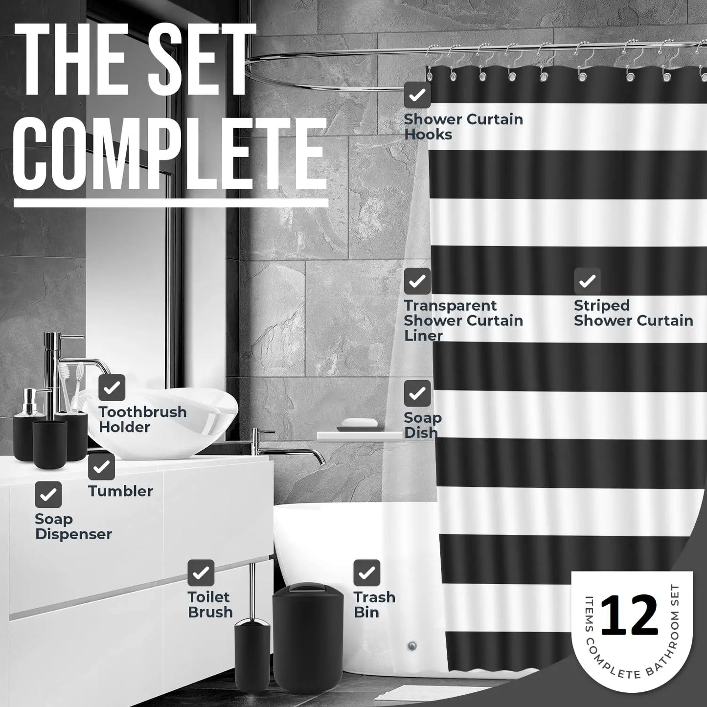 Black Bathroom Accessories Set Complete with Bathroom Rugs Set and Shower Curtain Set, 12 Piece Bathroom Sets with Rugs and Accessories, Shower Curtain with Liner & Hooks, Bath Mat Set