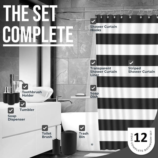 Black Bathroom Accessories Set Complete with Bathroom Rugs Set and Shower Curtain Set, 12 Piece Bathroom Sets with Rugs and Accessories, Shower Curtain with Liner & Hooks, Bath Mat Set
