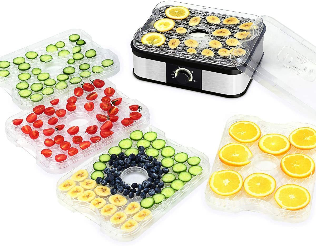 Food Dehydrator, Electric 5-Tire Fruit Vegetable Dryer with Adjustable Temperature Control from 104?-158?, 5 Stackable Drying Trays (Knob Adjustment)