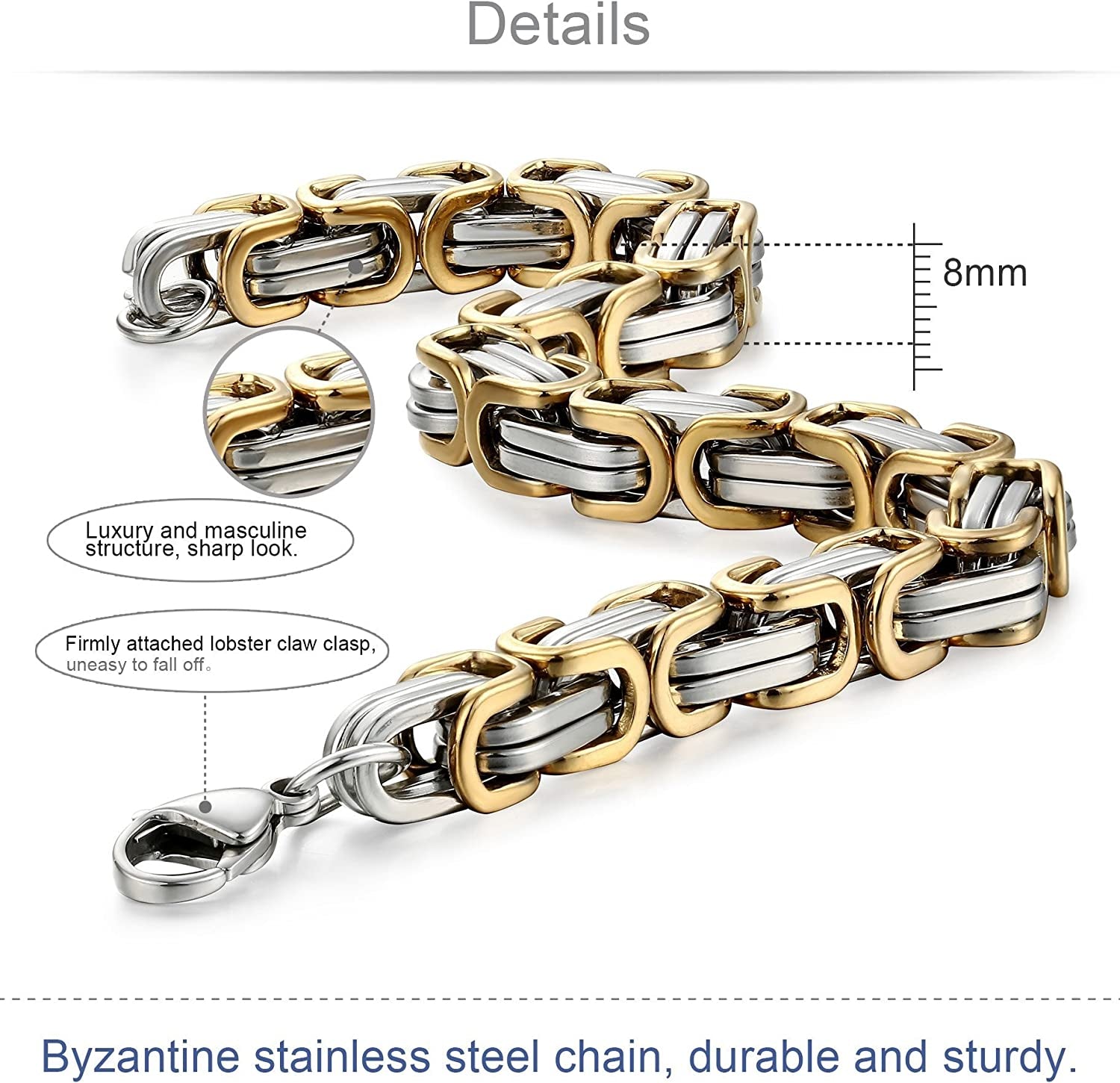 Stainless Steel Male Chain Necklace Byzantine Bracelet for Men Jewelry Sets 8.5 Inch Bracelet