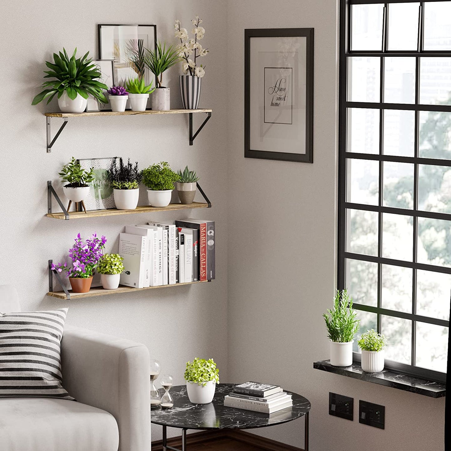 Bora 36 Inch Large Floating Shelves for Wall Storage, Floating Bookshelf Set of 3, Burned Wood Wall Shelves for Books