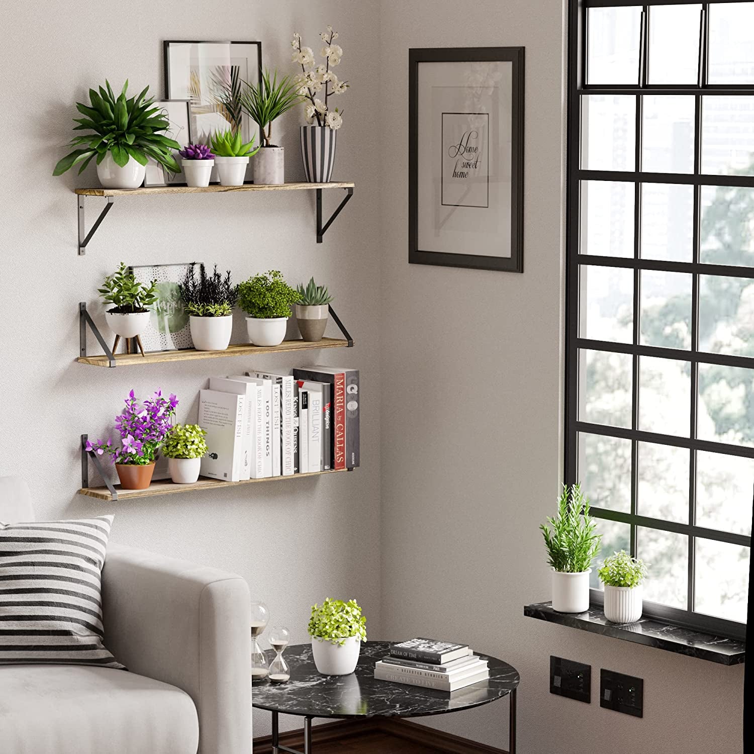 Bora 36 Inch Large Floating Shelves for Wall Storage, Floating Bookshelf Set of 3, Burned Wood Wall Shelves for Books